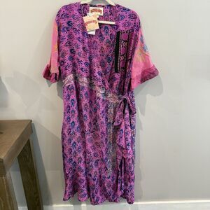 Kantha Bae Wrap Dress Patchwork Floral Boho Festival Silk Pink Gypsy Hippie NWT